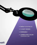 Dope 1200 Lumen LED Magnifying Lamp with clamp, bifocal 6 inch lens, three light modes, adjustable color temperature, overhead view.