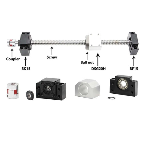 High-Performance SFU2005 Lead Screw Kit With 650mm Rolled Ball Drive, RM2005 Nut And BK15 BF15 Supports For Ultra Smooth CNC Motion And Low Backlash Machining, shown with coupler and supports