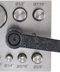 Eight Piece Disc Cutter Set For Quick Circle Cutting With Lever Clamp One Eighth Inch To One Inch Sizes on metal base