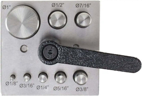 Eight Piece Disc Cutter Set For Heavy Duty Circle Cutting One Eighth To One Inch Punches shown with lever clamp and punch sizes