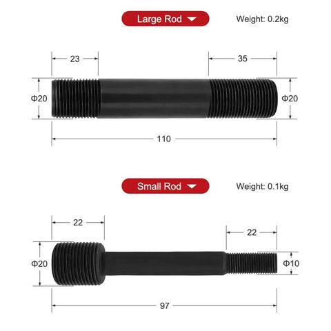 Dimensions of large and small rods from Knockout Hole Punch Driver Kit With 6 Dies, 10 Ton Hydraulic Power, Heavy Duty Conduit Hole Cutter Set.