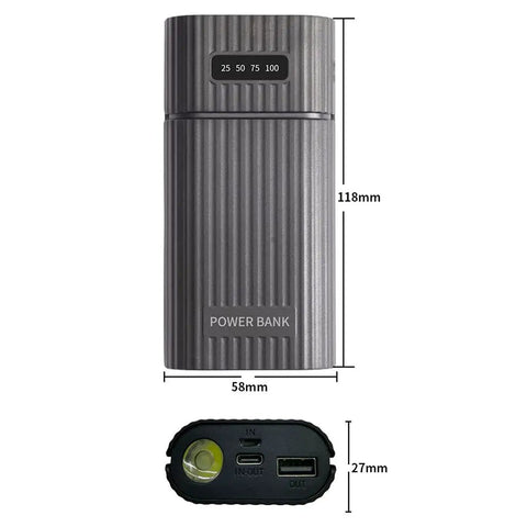 Dual 18650 And 21700 Battery Box Power Case, USB C Quick Charge Hub with digital display, 118x58x27mm, rugged design.