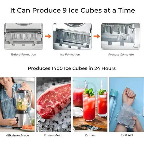 Kick Ass Portable Countertop Ice Maker Machine Features Self Cleaning Tech produces 9 ice cubes at a time for drinks and food.