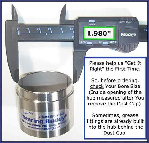 Caliper measuring Trailer Hub Cap Protector In Stainless Steel Bearing Buddies, 1.98 Inch Diameter, instructions visible