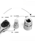 Six Piece Socket Adapter And Reducer Set For One Quarter, Three Eighths, And One Half Inch Drives With Must Have Pro Grade Conversions And Impact Ready Chrome Vanadium Steel Construction showing three sockets and a ratchet handle.
