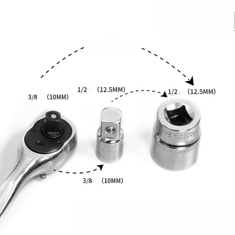 Six Piece Socket Adapter And Reducer Set For One Quarter, Three Eighths, And One Half Inch Drives With Must Have Pro Grade Conversions And Impact Ready Chrome Vanadium Steel Construction showing three sockets and a ratchet handle.
