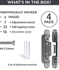 Heavy Duty Hidden Door Hinges Silver 4 Pack 6 Inch Concealed Cabinet Hardware kit showing 4 hinges, screws, wrenches, and covers.