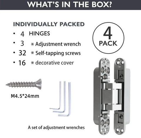 Heavy Duty Hidden Door Hinges Silver 4 Pack 6 Inch Concealed Cabinet Hardware kit showing 4 hinges, screws, wrenches, and covers.