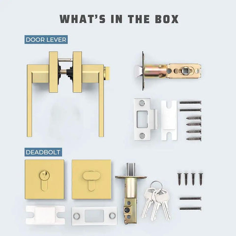 Components of Keyed Entry Lever And Single Cylinder Deadbolt Door Handle Set In Satin Brass Finish for easy installation