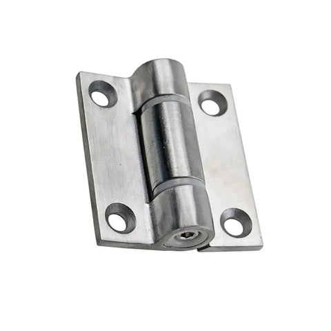 Front view of stainless steel door adjustable torque hinge with four-screw mounting plate