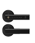 No Sweat Smart Keyless Entry Lock delivering rock solid fingerprint scanning, sleek black finish, top view with keypad.
