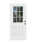 32 By 80 Inch White Primed Fiberglass Front Entry Door Slab Smooth Texture Nine Lite Clear Low E Glass left hand inswing view with black handles.