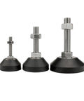 Built Tough Adjustable Leveling Feet With Swivel Base No Sweat Setup Threading Universal Equipment Support Legs Rock Solid Stability For Garage Furniture And Shop Machinery Glide Pads 10 Pack, three sizes displayed.