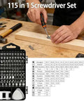 115 In 1 Precision Screwdriver Set with bits and drivers on workbench for DIY tech geeks