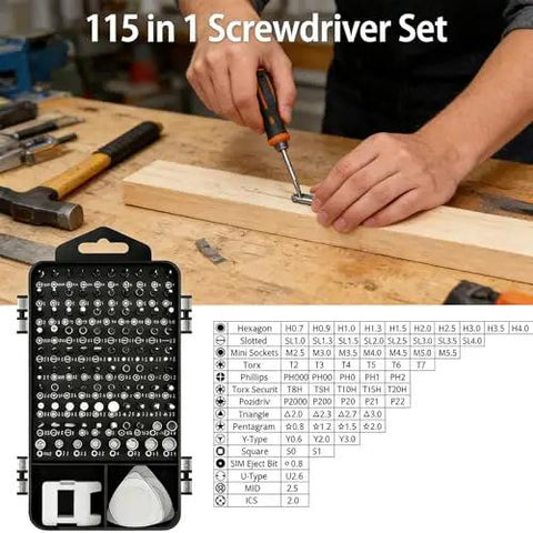 115 In 1 Precision Screwdriver Set with bits and drivers on workbench for DIY tech geeks