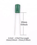 Green 0.22nF to 470nF radial lead from Value Packed Polyester Film Capacitor Assortment Kit With 700 Pieces Across 24 Values In Clear Box