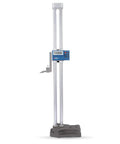 Precision 24 Inch Digital Height Gauge With Smooth Rolling Feed Wheel And Hefty Cast Iron Base Carbide Tipped Scriber side view showing measurement display.