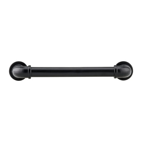 Front view of Ten Pack Matte Black Industrial Pipe Style Cabinet Pulls With Five And One Thirty Second Inch Center To Center And Six Inch Overall Length.