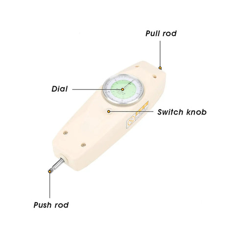 100N Analog Dynamometer Force Tester Handheld Push Pull Gauge For Electronics Hardware Auto Parts Industries Portable Dial Gauge With Pro Grade Precision Readings On The Go, beige body with dial, push rod, pull rod, and switch knob