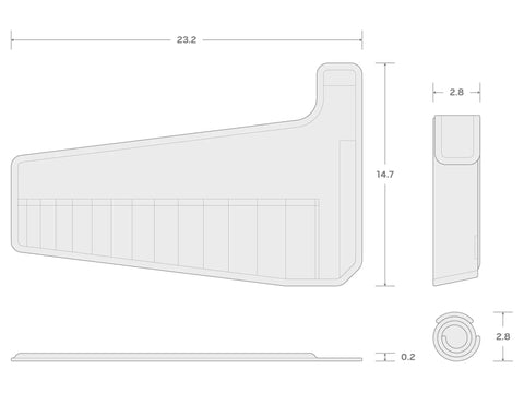 Technical drawing of Durable Wrench Roll Pouch For 6 To 19 mm Combination Wrenches With Size Marked Pockets, side and top view dimensions