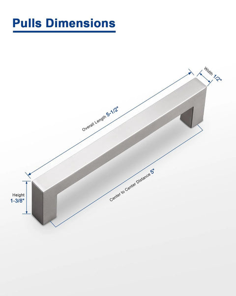 Dimensions of Five Inch Stainless Steel Cabinet Handles 10 Pack Brushed Nickel Modern Kitchen Cupboard Pulls with 5-inch center to center.