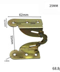 Two Piece Furniture Folding Hinges Set For 18mm Thick Panels, front view, 1.8mm iron, gold color, measurements shown, durable hardware.