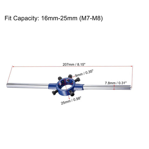 Round Die Stock Handle Wrench Set With 5/16-18 UNC Die And 25mm Die Holder For 16mm To 25mm OD Dies, dimensions shown