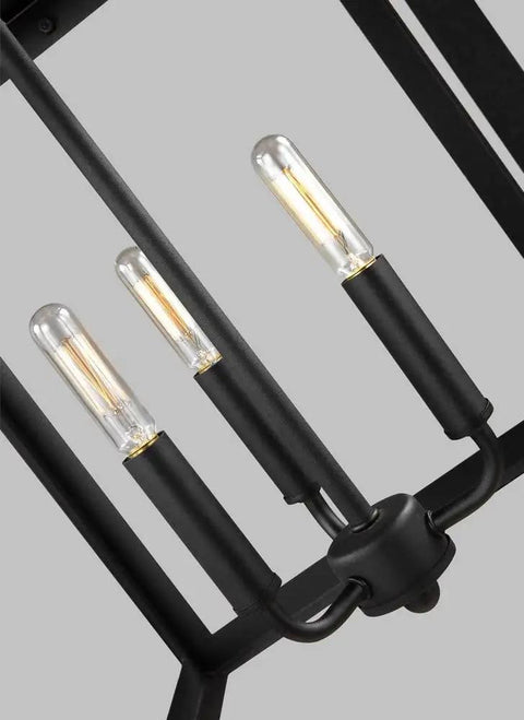 Labette Medium Three Light Hall Foyer Hanging Modern Light Fixture In Black Finish close-up of torpedo candelabra bulbs