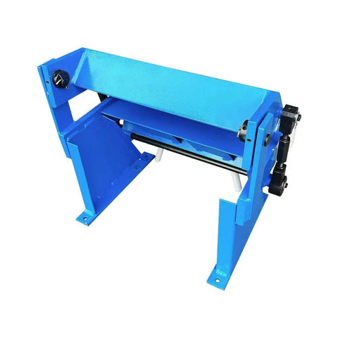 12 Inch 20 Gauge Mild Steel Bench Pan And Box Brake Machine for small shops, blue design with 5 removable fingers, compact and efficient.