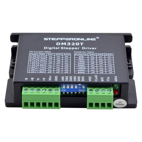 Front view of STEPPERONLINE DM320T digital stepper driver module with green terminal blocks and blue jumper header.