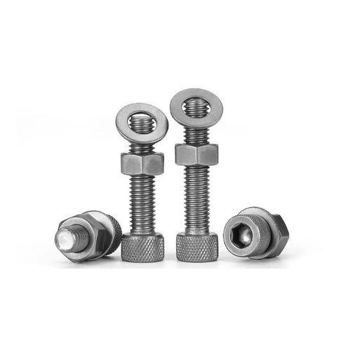 10 Piece Ta2 Titanium Knurled Socket Head Cap Screw Nut And Flat Washer Combination Kit M4x8mm showing screws and nuts.