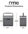 Front and side view of dark grey Road Trip 8 Qt Personal Cooler Compact And Lightweight Insulated Ice Chest dimensions 11.7x10.8x8.1 inches