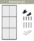 Package contents of Three Panel Glass Sliding Barn Door 30x84 Inches, Black Aluminum Frame With Clear Tempered Glass, hardware shown