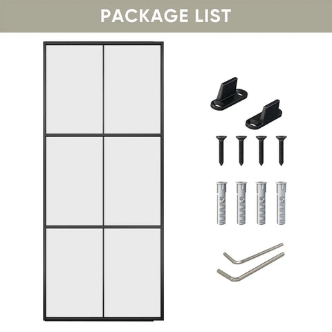 Package contents of Three Panel Glass Sliding Barn Door 30x84 Inches, Black Aluminum Frame With Clear Tempered Glass, hardware shown