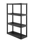 Hella Durable Heavy Duty Plastic Storage Shelves Featuring Four Tier Design And Seventy Five Pound Weight Limit For Badass Garage Organization Freestanding Indoor Outdoor Rack Black Setup, side view of black plastic shelving unit.