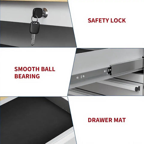 61 Inch Nine Drawer Rolling Tool Chest With Locking System Mobile Tool Storage Cabinet Heavy Duty Steel Construction Solid Wood Top Durable Powder Coated Finish For Home Garage Warehouse And Kitchen Silver safety lock, ball bearing drawer slide, and drawer mat
