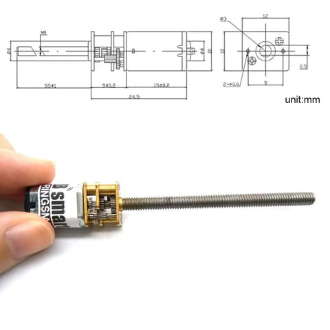 Side view of BRINGSMART DC gear motor with M4 threaded shaft and exposed brass gear train