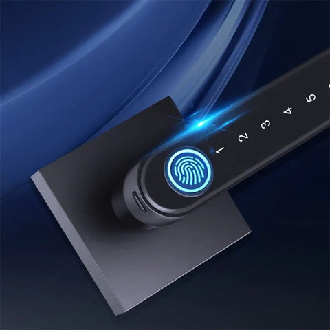 Smart App Synced Lever Handle Lock With Fingerprint Swipe And Custom Password Backup For Porch Security Wireless Entry Gear showcasing digital keypad and fingerprint scanner.