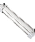 Beefy Industrial Pneumatic Air Cylinder with 1.57 Inch Bore and 7.87 Inch Stroke, double acting, silver metal construction with fittings visible.