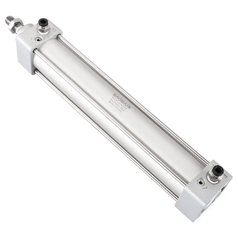 Beefy Industrial Pneumatic Air Cylinder with 1.57 Inch Bore and 7.87 Inch Stroke, double acting, silver metal construction with fittings visible.