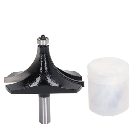 Top Tier Tungsten Carbide Roundover Router Bit With 1/2 Inch Universal Shank beside a protective container for woodworking.