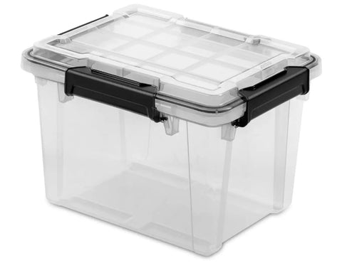 3 Pack 19 Quart Waterproof Storage Bins IP68 Clear Plastic Totes With Gasket Sealed Lids, heavy duty, clear design with black latches.