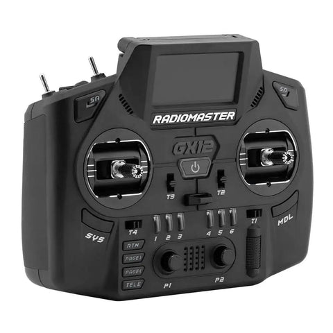 GX12 Beast Dual Band ExpressLRS RC Transmitter with Gemini Xrossband, front view of CNC aluminum 3D hall gimbal