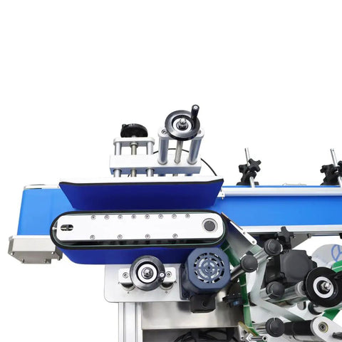 Top view of No-Nonsense Fully Automatic Round Bottle Labeling Machine Featuring Intuitive Touch Screen Controls And Smart Photoelectric Sensors For Smooth Industrial Packaging Workflows Up To 200 Units Per Minute.
