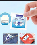 Front view of Powerclean Lens Wipes package; pre-moistened anti-fog wipes for glasses and screens