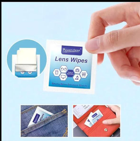 Front view of Powerclean Lens Wipes package; pre-moistened anti-fog wipes for glasses and screens