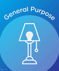 Illustration of a lamp with a light bulb, captioned 'General Purpose', promoting 60W Equivalent LED A19 Bulbs for Bright Living Rooms.