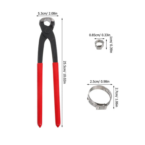 Kick Your Plumbing Game Up With This Heavy Duty Single And Double Ear Hose Clamp Tool Kit Ranging From 6mm To 23.5mm For A Tight Leak Free Grip On Any Pipe Or Hose Job Without The Hassle. red-handled hose clamp pliers with single and double ear clamps, stainless steel, size guide
