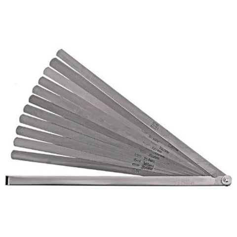12 Blade Long Feeler Gauge Set With Half Inch By Twelve Inch Blades In Steel Holder, Includes.0015 Through.020 Inch Sizes With Decimal And Metric Equivalents