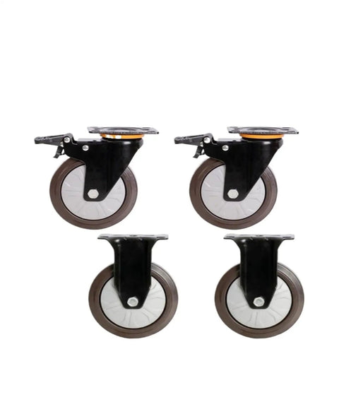 Heavy Duty 5 Inch Stem Casters Four Pack Premium Flat Rubber Wheels showcasing black casters with rubber wheels and brake lock.